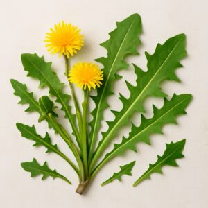 Pianta di dente di leone con foglie dentellate e due fiori gialli brillanti