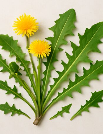 Pianta di dente di leone con foglie dentellate e due fiori gialli brillanti