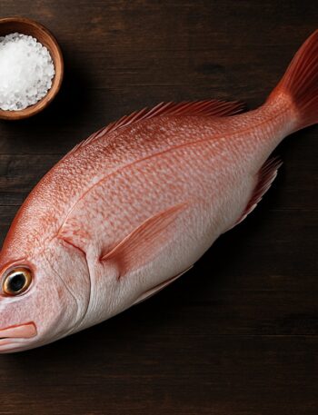 Dentice intero crudo dalla pelle rosata su tavolo in legno con ciotola di sale grosso