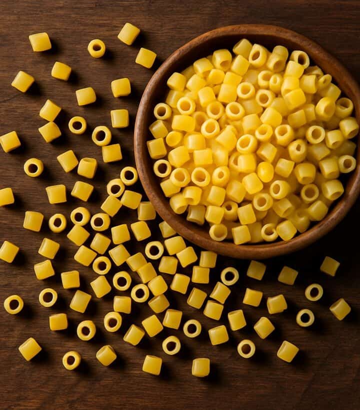 Ditalini di pasta crudi sparsi su tavolo in legno con ciotola in alto a destra