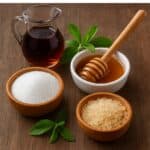 Dolcificante naturale, Miele, zucchero, sciroppo d’acero, fruttosio e foglie di stevia su tavolo in legno
