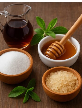 Dolcificante naturale, Miele, zucchero, sciroppo d’acero, fruttosio e foglie di stevia su tavolo in legno
