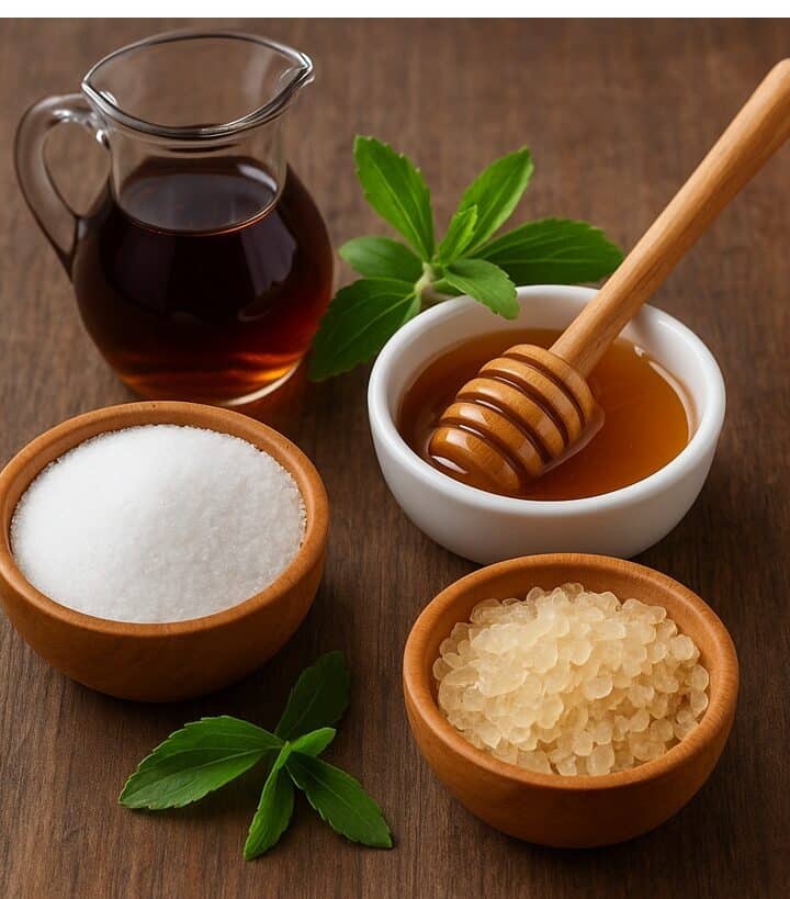 Dolcificante naturale, Miele, zucchero, sciroppo d’acero, fruttosio e foglie di stevia su tavolo in legno