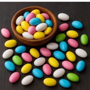Dragees ovali dai colori pastello in ciotola di legno e sparsi sul tavolo