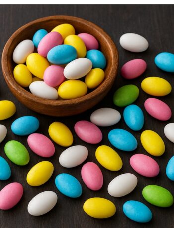 Dragees ovali dai colori pastello in ciotola di legno e sparsi sul tavolo