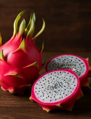 Dragon fruit Pitaya intera e due metà tagliate con polpa bianca e semi neri su fondo rustico