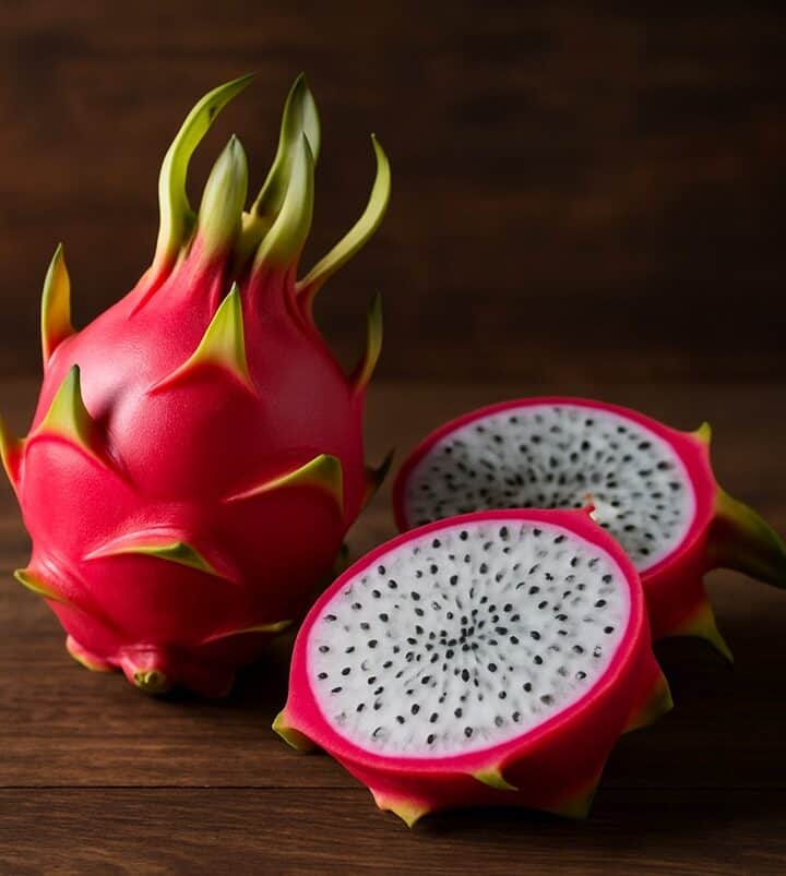 Dragon fruit Pitaya intera e due metà tagliate con polpa bianca e semi neri su fondo rustico
