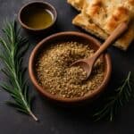 Dukkah in ciotola rustica con cucchiaio di legno, olio d’oliva e pane su sfondo scuro