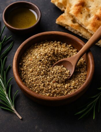 Dukkah in ciotola rustica con cucchiaio di legno, olio d’oliva e pane su sfondo scuro