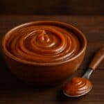 Ciotola di ceramica con dulce de leche cremoso e cucchiaio con una porzione su tavolo scuro