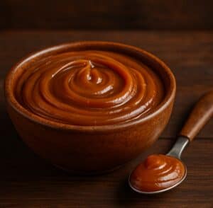 Ciotola di ceramica con dulce de leche cremoso e cucchiaio con una porzione su tavolo scuro