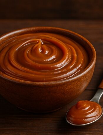 Ciotola di ceramica con dulce de leche cremoso e cucchiaio con una porzione su tavolo scuro
