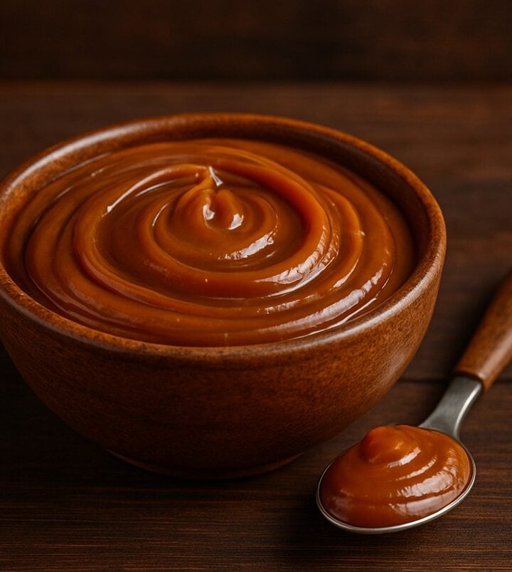 Ciotola di ceramica con dulce de leche cremoso e cucchiaio con una porzione su tavolo scuro