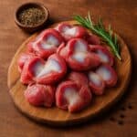 Mucchio di durelli di pollo freschi su tagliere di legno con pepe nero e rosmarino