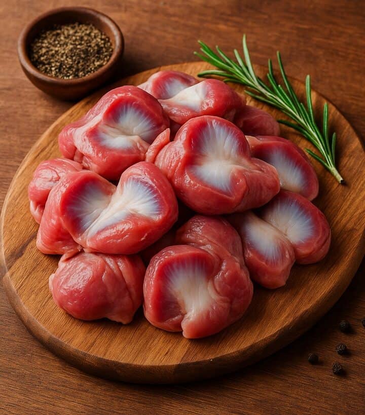 Mucchio di durelli di pollo freschi su tagliere di legno con pepe nero e rosmarino