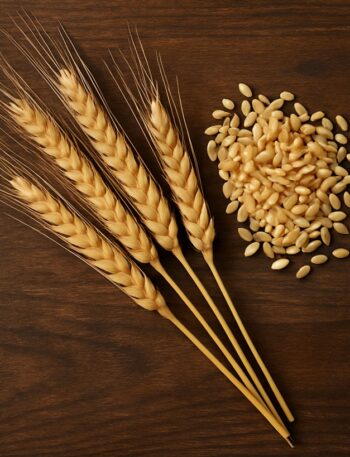 (Triticum durum) Spighe di grano duro accanto a ciotola colma di farina su tavolo in legno scuro