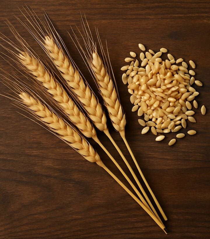 (Triticum durum) Spighe di grano duro accanto a ciotola colma di farina su tavolo in legno scuro