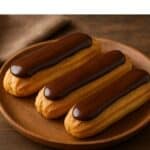 Tre éclair con glassa al cioccolato su piatto in legno su sfondo rustico