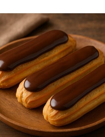 Tre éclair con glassa al cioccolato su piatto in legno su sfondo rustico