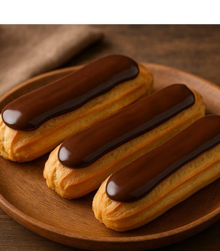 Tre éclair con glassa al cioccolato su piatto in legno su sfondo rustico