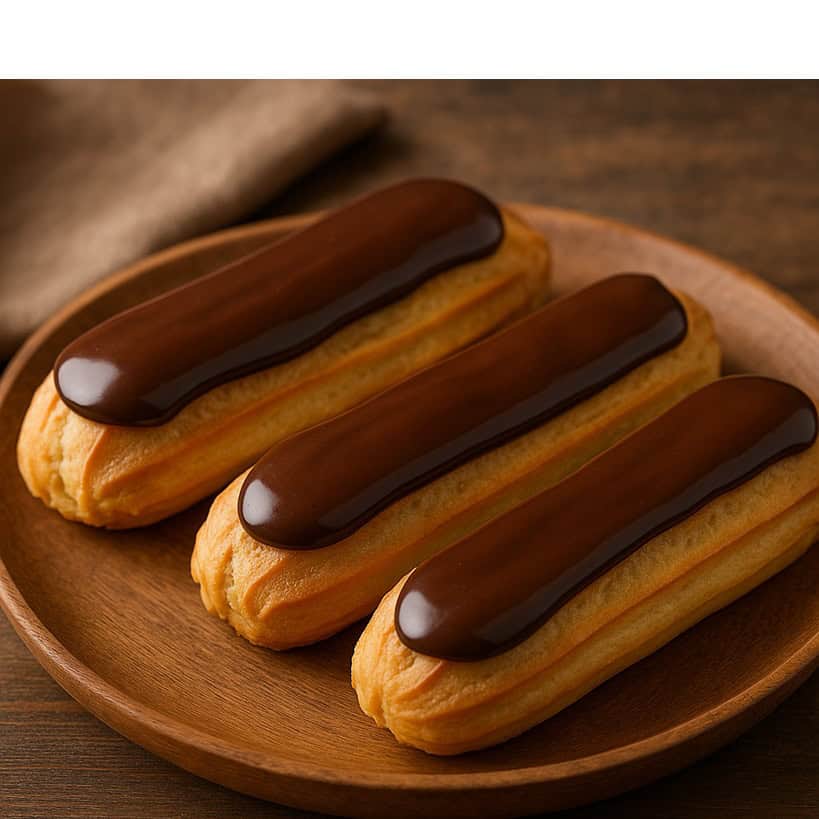 Tre éclair con glassa al cioccolato su piatto in legno su sfondo rustico