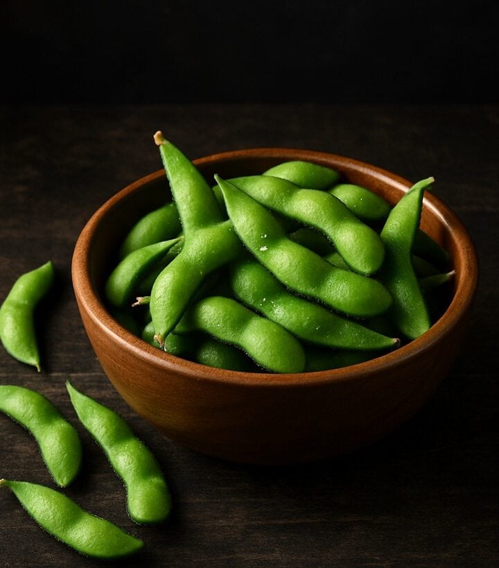 Edamame serviti in una ciotola di legno rustica su superficie in legno scuro