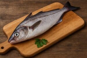 Eglefino intero crudo su tagliere di legno con prezzemolo