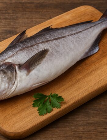 Eglefino intero crudo su tagliere di legno con prezzemolo
