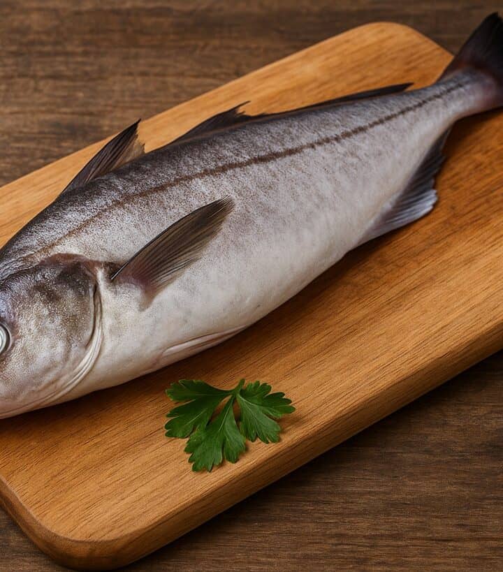 Eglefino intero crudo su tagliere di legno con prezzemolo