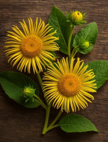Due fiori gialli di enula campana con foglie verdi su sfondo di legno naturale