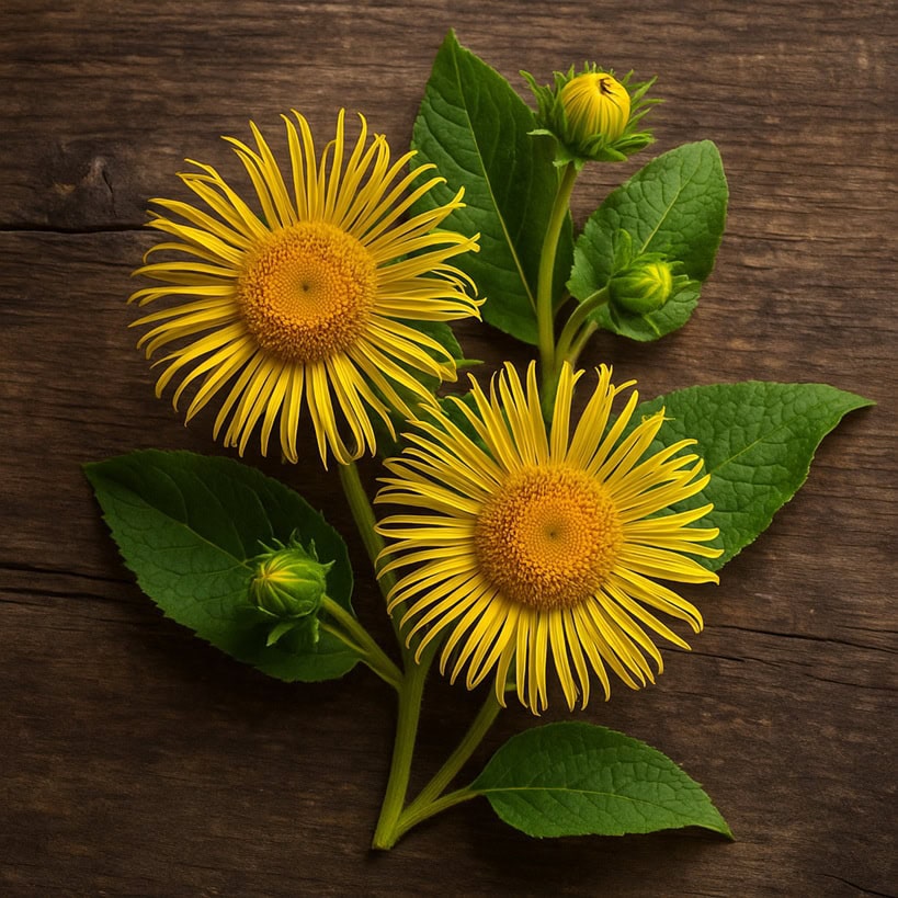 Due fiori gialli di enula campana con foglie verdi su sfondo di legno naturale