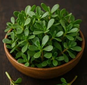Erba Porcellana fresca con foglie carnose in ciotola di legno su fondo scuro