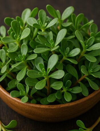 Erba Porcellana fresca con foglie carnose in ciotola di legno su fondo scuro