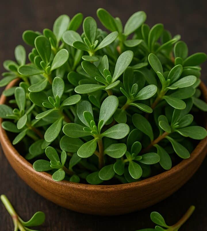 Erba Porcellana fresca con foglie carnose in ciotola di legno su fondo scuro