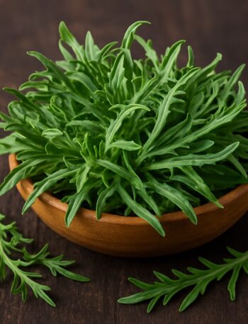 Erba Stella (Plantago coronopus) con foglie verdi a forma di stella in ciotola di legno su tavolo scuro