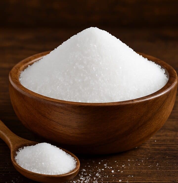 Mucchietto di eritritolo bianco in ciotola e cucchiaio di legno su tavolo in legno scuro