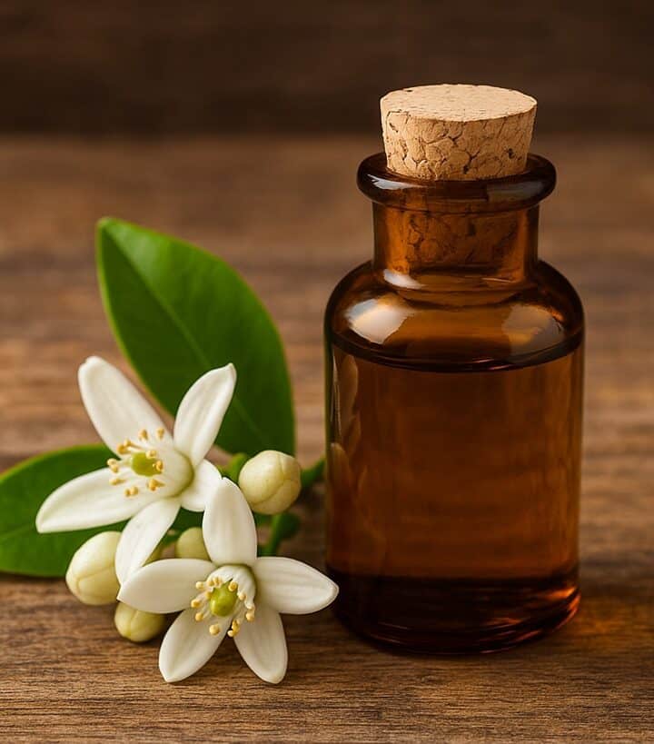 Piccola bottiglia di vetro ambrato con essenza di fiori d’arancio su fondo rustico
