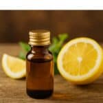 Flacone ambrato con essenza di limone accanto a limone tagliato su tavolo in legno