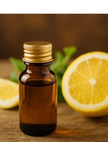 Flacone ambrato con essenza di limone accanto a limone tagliato su tavolo in legno