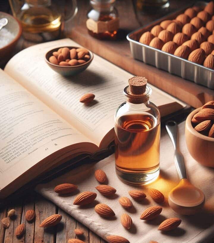 Bottiglietta di estratto di mandorle accanto a mandorle sgusciate su un piano in legno chiaro.