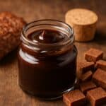 Barattolo con estratto di carne denso affiancato da carne cotta e cubetti da brodo su tavolo in legno
