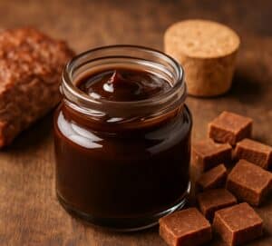 Barattolo con estratto di carne denso affiancato da carne cotta e cubetti da brodo su tavolo in legno