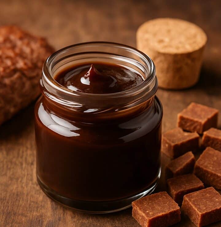 Barattolo con estratto di carne denso affiancato da carne cotta e cubetti da brodo su tavolo in legno