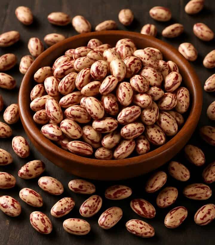 Fagioli borlotti crudi in ciotola di legno con chicchi sparsi su tavolo scuro