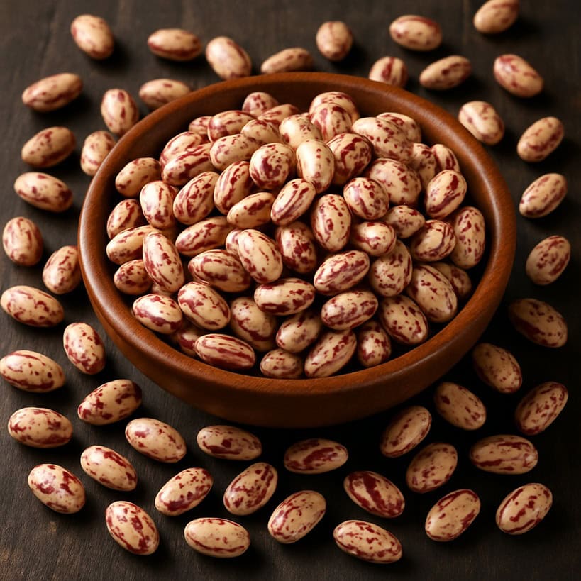 Fagioli borlotti crudi in ciotola di legno con chicchi sparsi su tavolo scuro