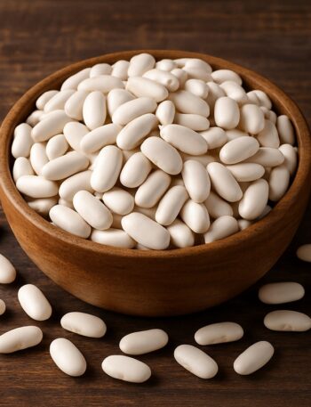Fagioli cannellini secchi in ciotola rustica con chicchi sparsi su legno scuro
