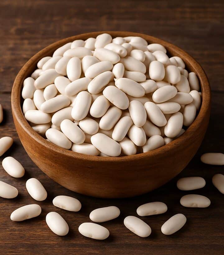 Fagioli cannellini secchi in ciotola rustica con chicchi sparsi su legno scuro