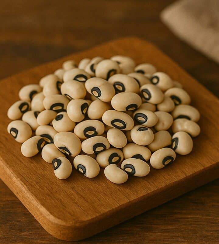 Mucchietto di fagioli dall’occhio con macchia nera su tagliere in legno