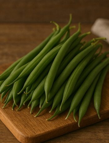 Mazzetto di fagiolini verdi su tagliere rustico con sfondo sfocato