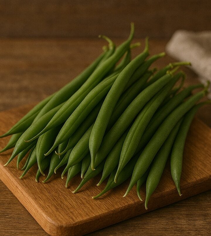 Mazzetto di fagiolini verdi su tagliere rustico con sfondo sfocato